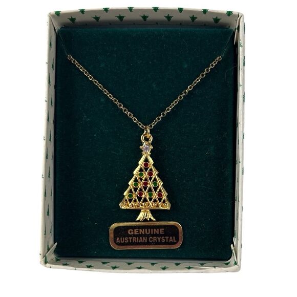 New Christmas Tree Austrian Crystal Necklace Gold Green Gift Box - Picture 1 of 6